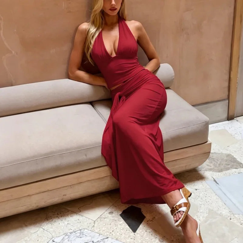 Conjunto de Vestido de 2 Piezas para Mujer Tuularose, Top Sexy con Cuello Halter y Falda con Tiras, Conjunto Elegante para Fiesta de Verano