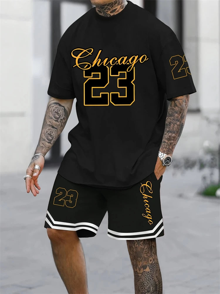 Nuevo traje transpirable de manga corta para deportes al aire libre de verano para hombre, diseño de patrón de letras, conjunto de dos piezas de estilo callejero a la moda de ocio