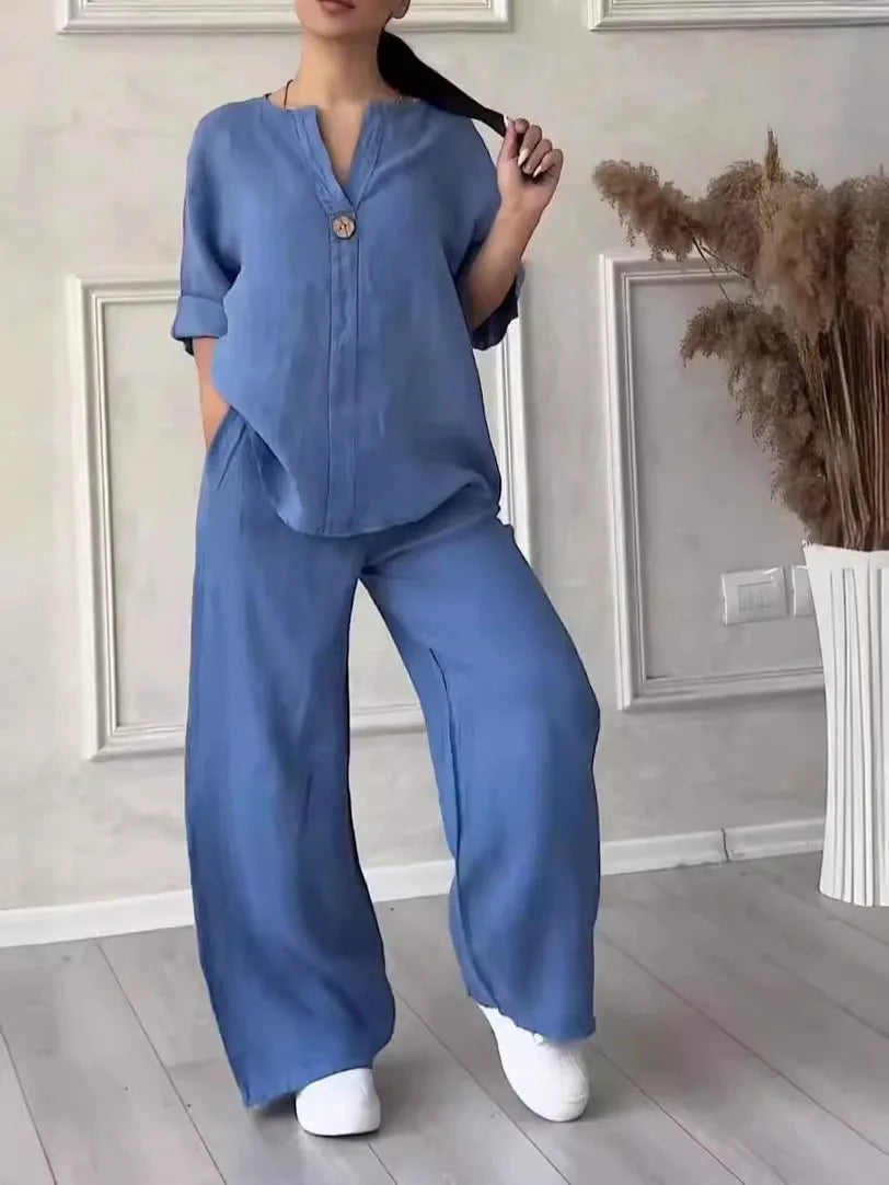 Conjuntos de lino y algodón, dos piezas, venta informal, manga larga, blusa holgada con botones, camisa y pantalones sueltos de pierna ancha de alta elasticidad, trajes NMD-3021
