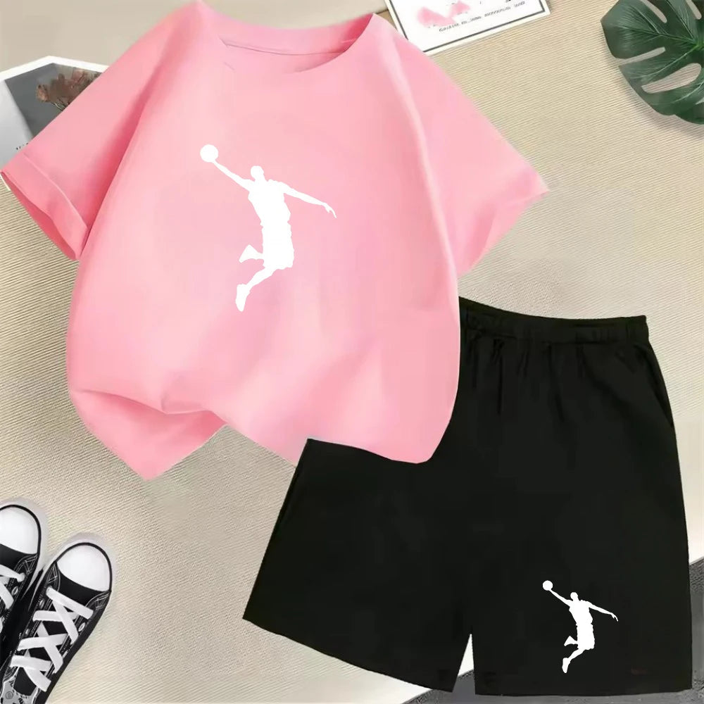 Conjunto de camiseta de manga corta de verano para niños, moda deportiva, pantalones cortos para niños y niñas, conjunto informal de 2 uds con estampado de gráficos de marca, conjunto para chico