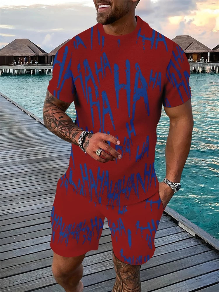 Conjunto de dos piezas de verano para hombre, camiseta de manga corta con cuello redondo y pantalones cortos con cordón, estampado 3D de León Animal, conjunto atlético transpirable para exteriores