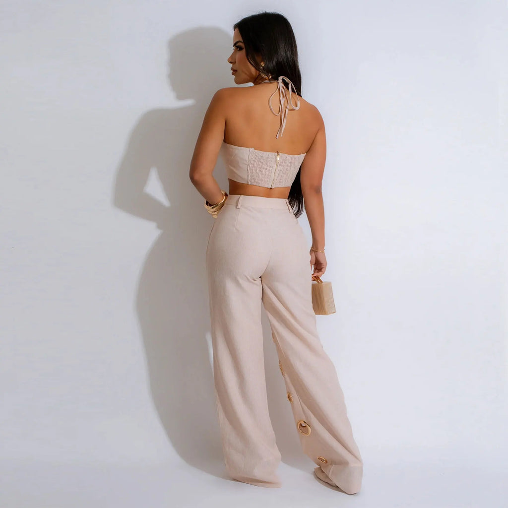 CM.YAYA-Conjunto de dos piezas para mujer, Top sin mangas y pantalones de pierna ancha, traje calado con agujeros, chándal de calle Sexy de verano