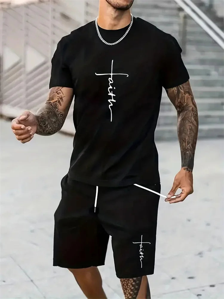 Conjunto de camiseta y pantalones cortos para hombre, traje de dos piezas de manga corta con estampado cruzado a la moda para deportes de playa al aire libre de gran tamaño, traje de talla grande