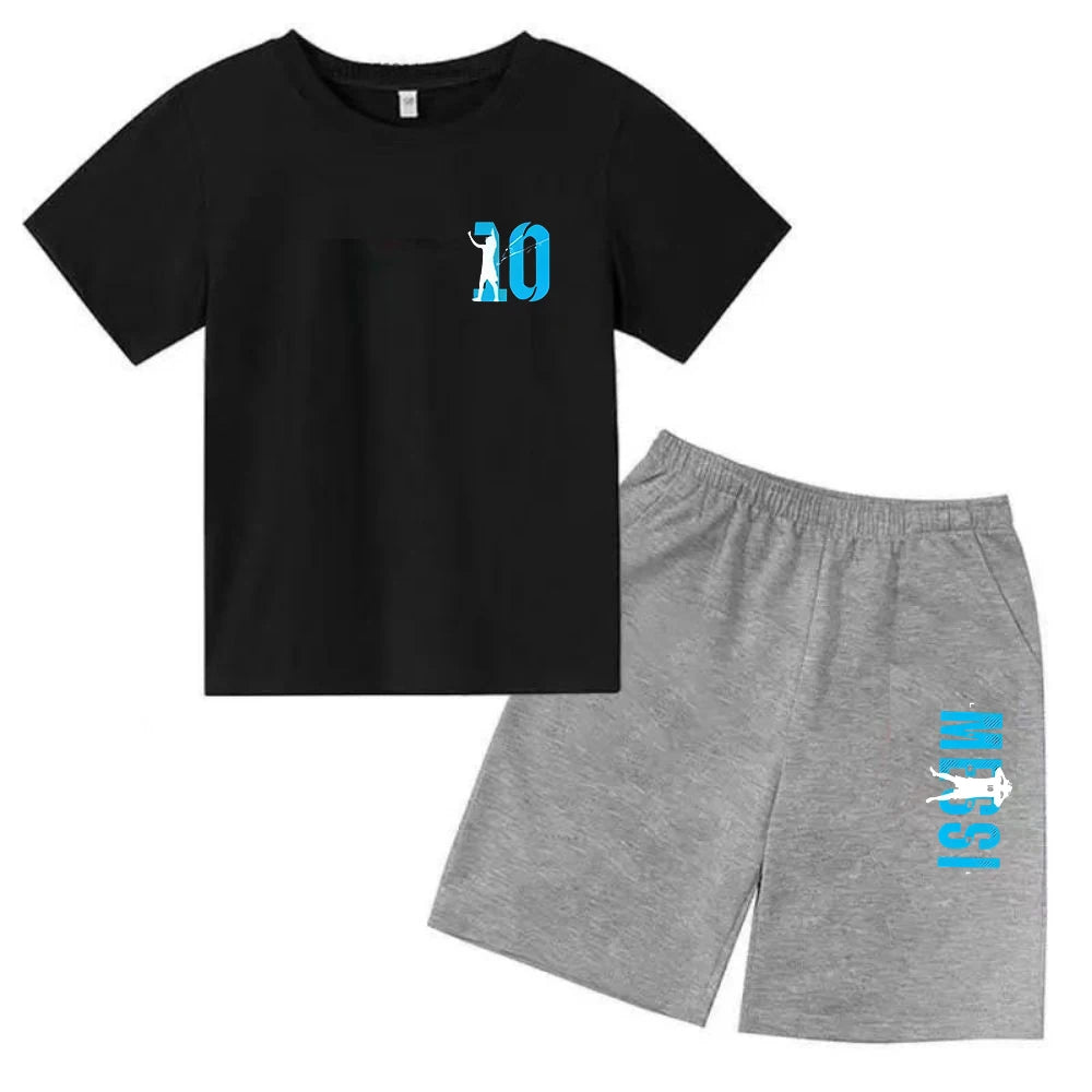 Conjunto de verano para niños, camiseta de manga corta con estampado Messi + Pantalones cortos, conjunto de 2 uds., traje deportivo informal a la moda para niños y niñas, ropa para fanáticos