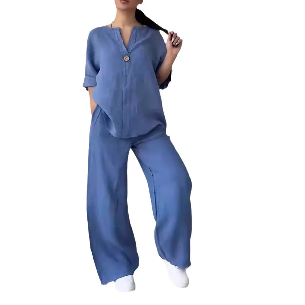 Conjuntos de lino y algodón, dos piezas, venta informal, manga larga, blusa holgada con botones, camisa y pantalones sueltos de pierna ancha de alta elasticidad, trajes NMD-3021