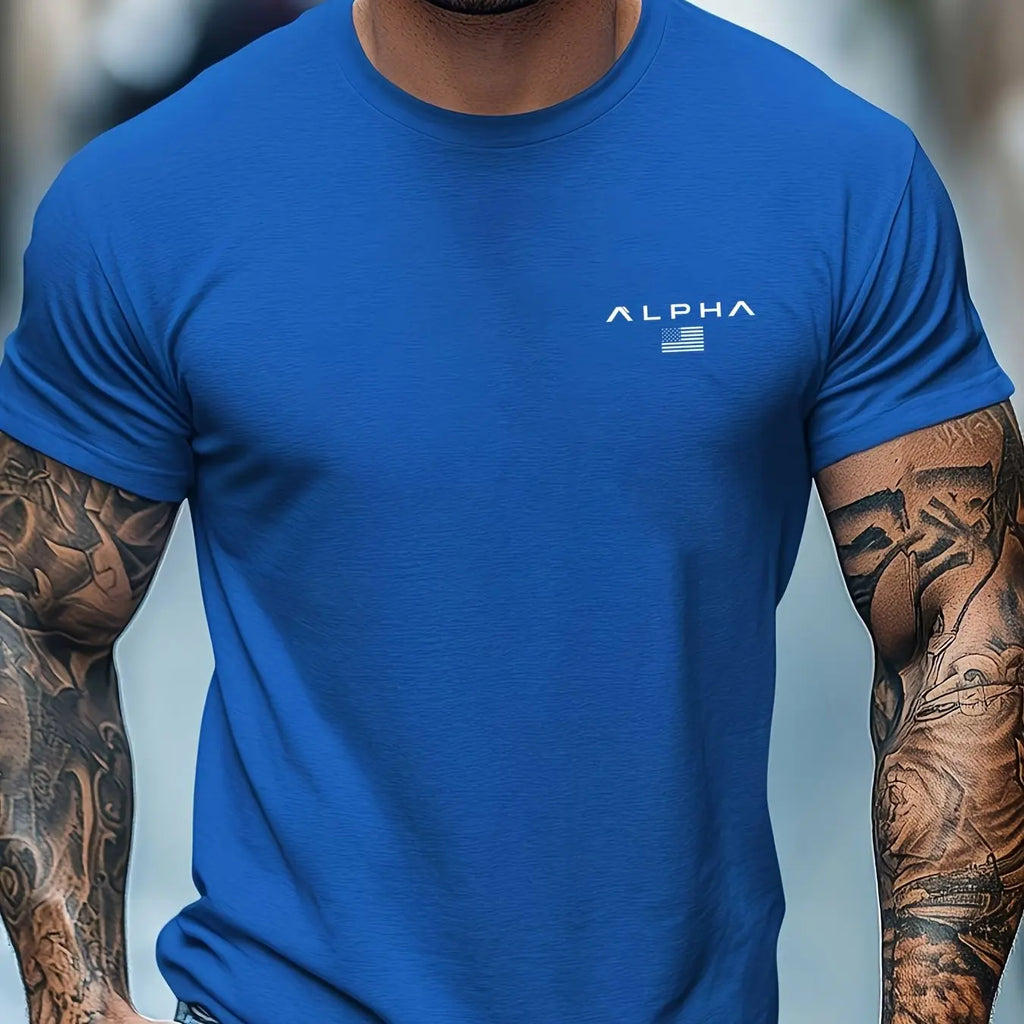 Camiseta de manga corta con cuello redondo y estampado de patrón ALPHA para hombre, 100% de algodón, informal, a la moda, deportiva, holgada, de verano