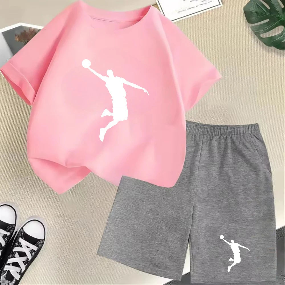 Conjunto de camiseta de manga corta de verano para niños, moda deportiva, pantalones cortos para niños y niñas, conjunto informal de 2 uds con estampado de gráficos de marca, conjunto para chico