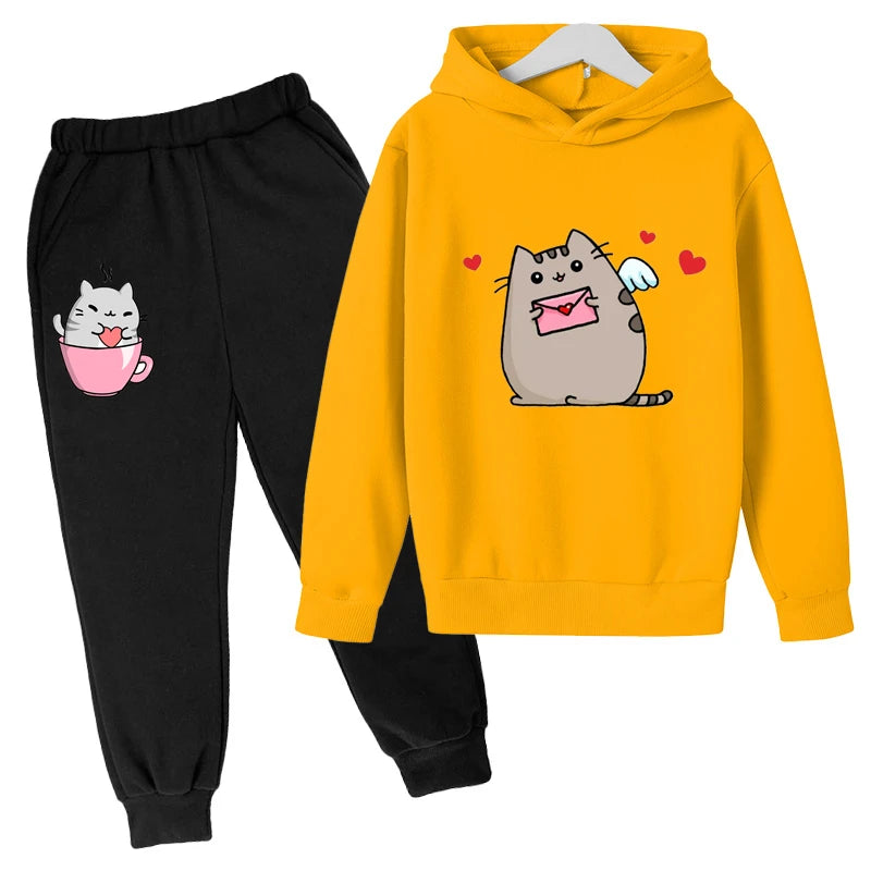 Sudadera con capucha con estampado de gato de Nutella para niños, ropa divertida para niñas y niños, conjuntos de ropa Harajuku Kawaii para niños, Invierno