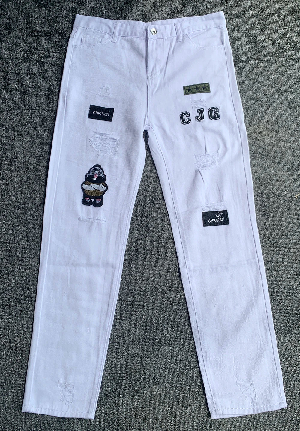 Pantalones Vaqueros Rasgados Hombre Bordado Blanco - Hip Hop