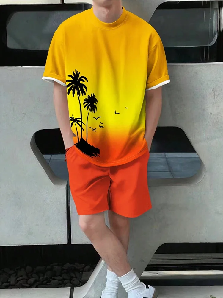 Conjunto de camiseta hawaiana con estampado de playa para hombre, ropa deportiva, pantalones cortos de manga corta, conjunto de camiseta ligera para hombre