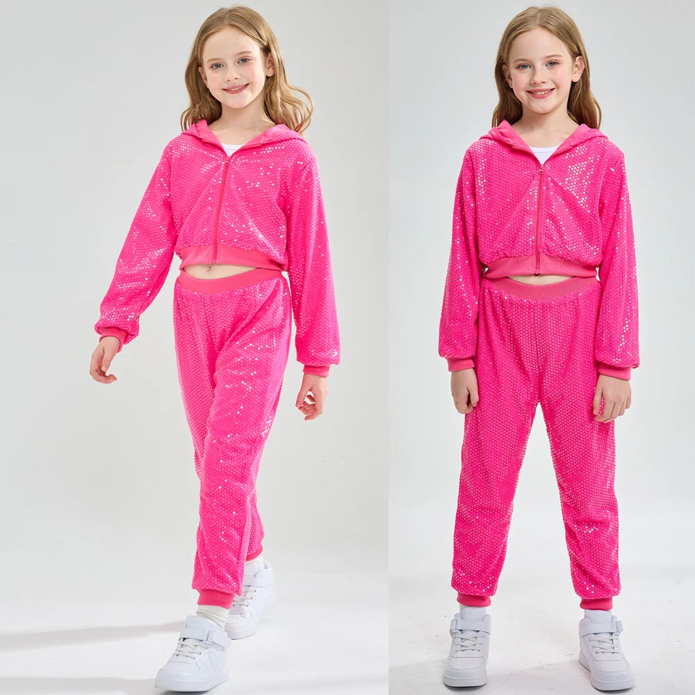 LOlanta-Conjunto de chaqueta y pantalones con capucha para niña, 2 piezas, lentejuelas, ropa de baile de Hip Hop, trajes de fiesta temáticos para niños de 5 a 12 años