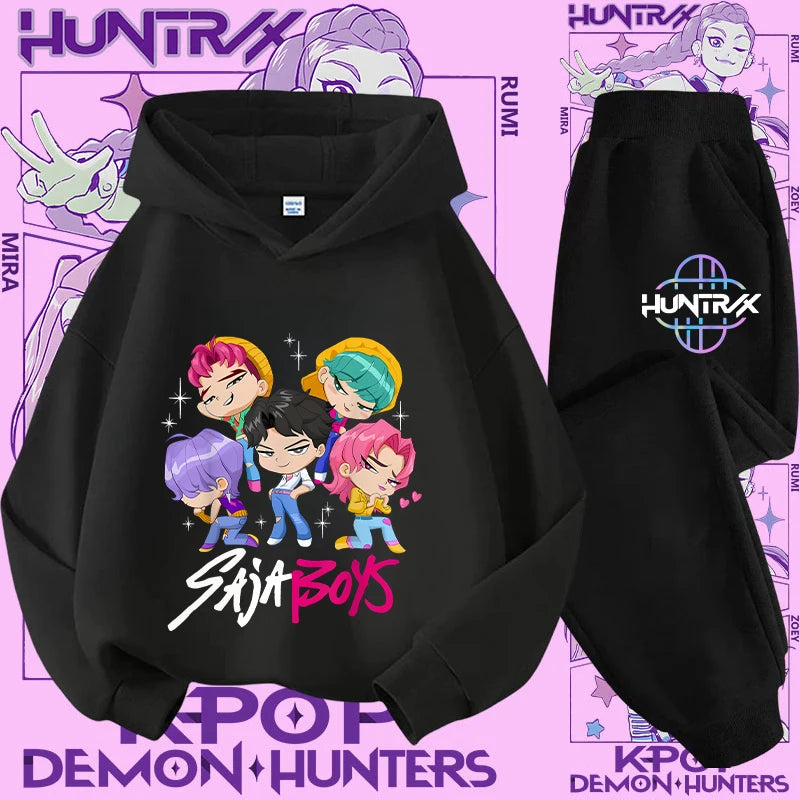 Ropa deportiva para niñas de 2 a 12 años, conjunto de 2 piezas, Top informal bonito, K-pop Demon Hunter, conjunto de camisa con capucha estampada, traje de pantalón, chándal