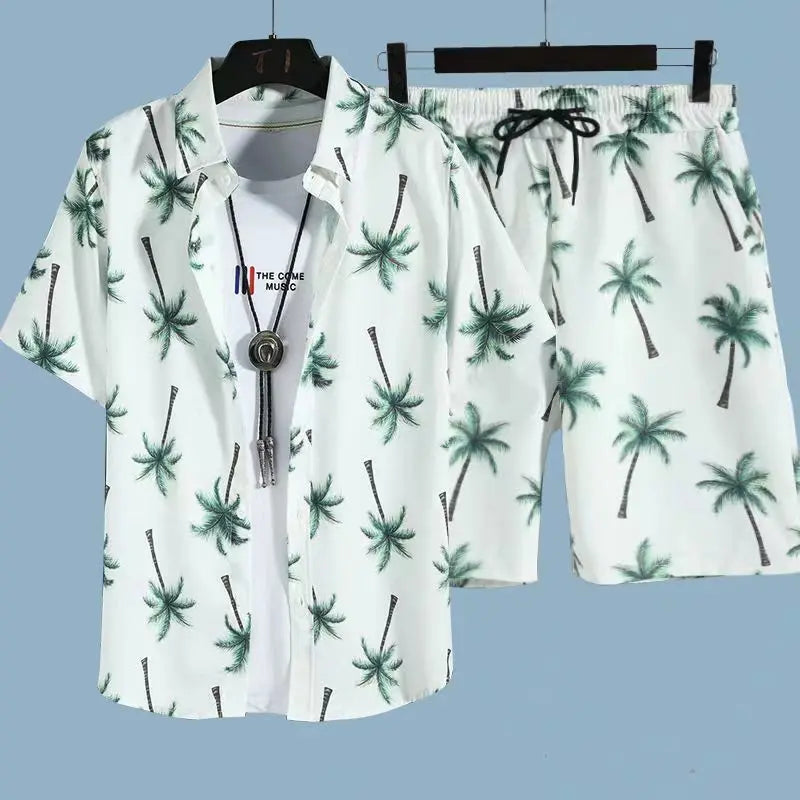 Cómoda camisa con estampado 3D de árbol de coco y hojas de hierba y flores + Pantalones cortos, conjunto de dos piezas, camisas con cuello abatible de manga corta, medio pantalón