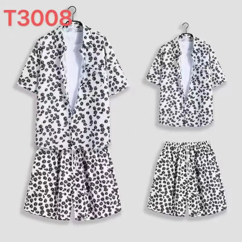 Cómoda camisa con estampado 3D de árbol de coco y hojas de hierba y flores + Pantalones cortos, conjunto de dos piezas, camisas con cuello abatible de manga corta, medio pantalón