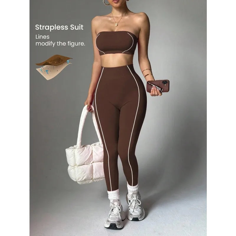 Conjunto Deportivo de 2 Piezas para Mujer: Sujetador Deportivo sin Tirantes y Leggings de Yoga de Cintura Alta con Relleno para Entrenamiento, Fitness y Gimnasio