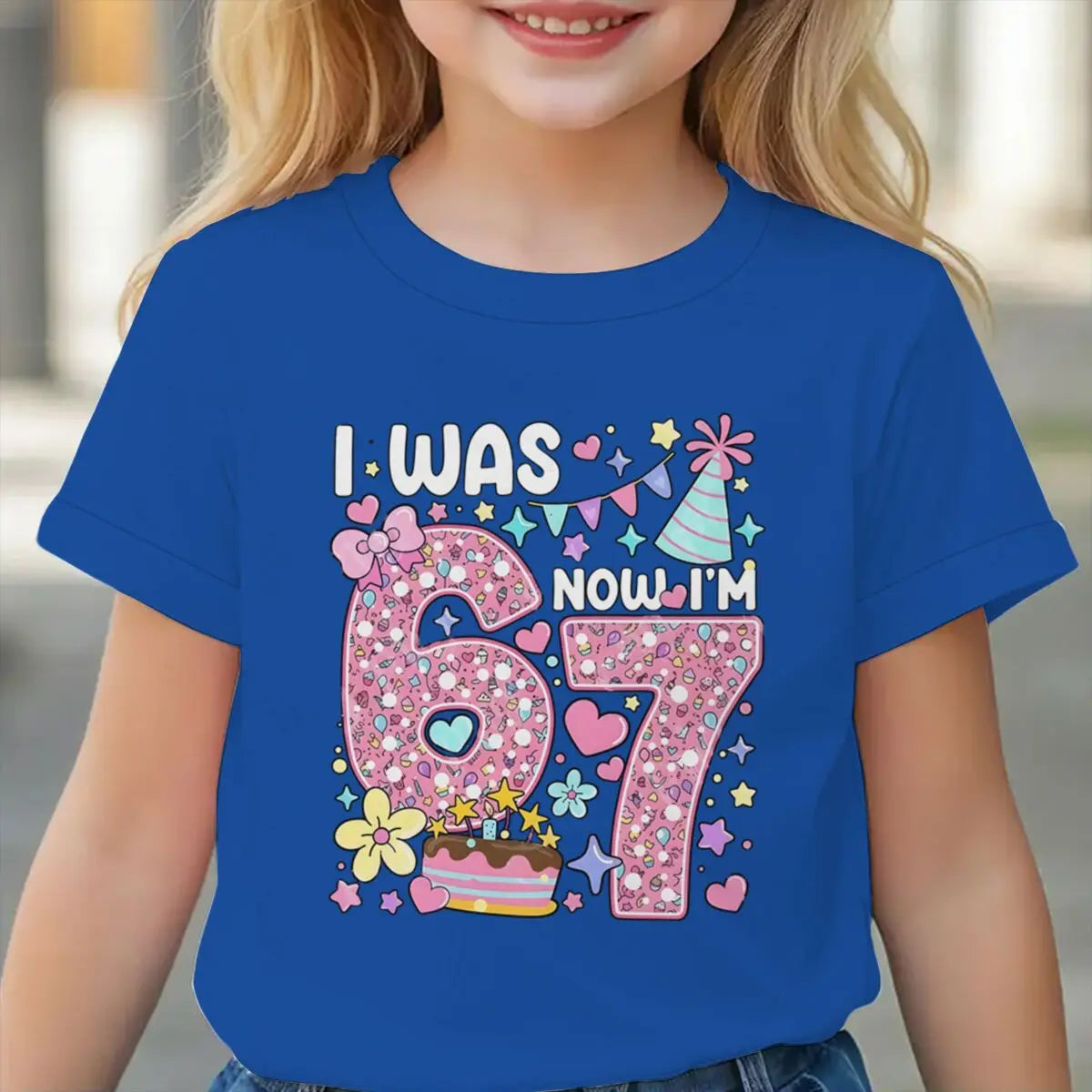 Camiseta para niñas con estampado de números, de algodón, de manga corta y cuello redondo, para el séptimo cumpleaños, con la frase 'I Was 6 Now I'm 7', para niñas de 7 años
