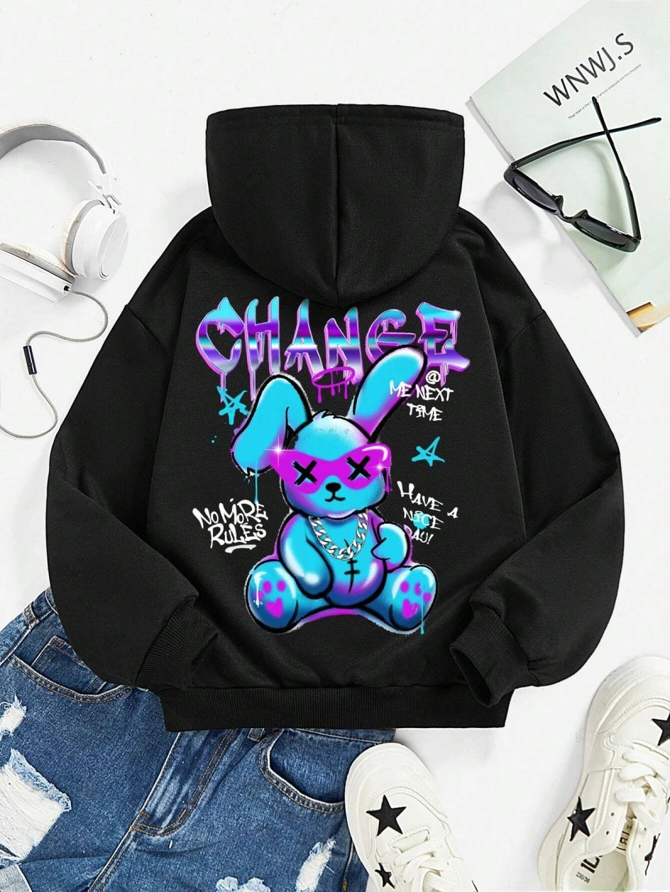 Sudadera con estampado de dibujos animados de conejo para mujer, Sudadera con capucha de calle que combina con todo, sudaderas informales con cuello redondo, jersey, ropa de gran tamaño