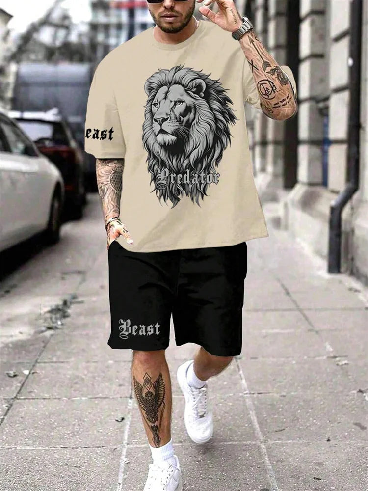 Nueva 2024 Camiseta de manga corta con cuello redondo, conjunto de pantalones cortos de moda con estampado de León en 3D, conjunto de 2 piezas de deportes de verano para hombres