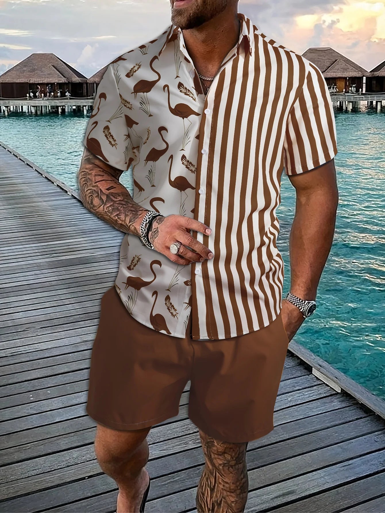 Conjunto Hawaiano Hombre – Camisa Manga Corta y Pantalón Corto de Playa