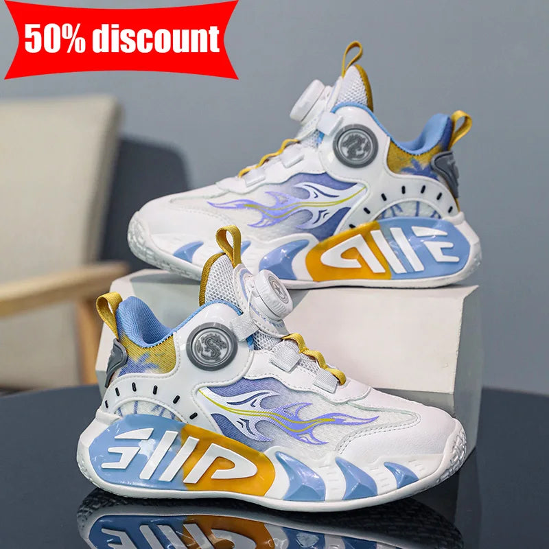 Zapatos Deportivos para Niños, Nuevos Zapatos de Baloncesto con Hebilla de Perilla, Antideslizantes, Resistentes al Desgaste, Transpirables, de Malla Deportiva, para Caminar