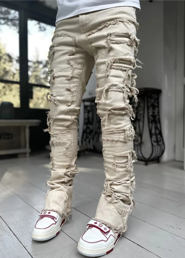 Nuevos pantalones vaqueros de moda para hombre, pantalones de trabajo, ropa de trabajo de moda europea y americana, pantalones acampanados en capas de mezclilla con retales elásticos, S-XXL