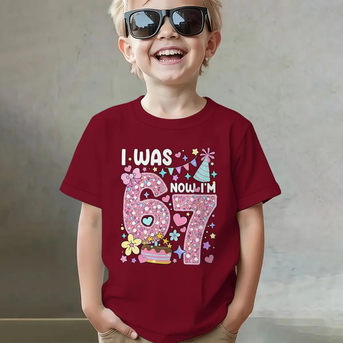 Camiseta para niñas con estampado de números, de algodón, de manga corta y cuello redondo, para el séptimo cumpleaños, con la frase 'I Was 6 Now I'm 7', para niñas de 7 años
