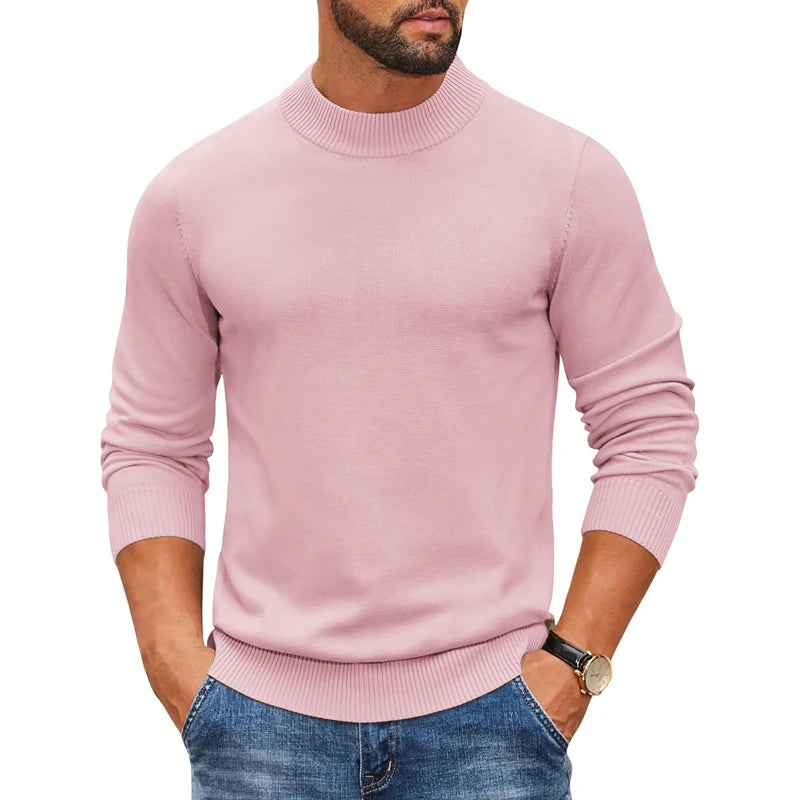 Jersey de punto acanalado con cuello alto simulado para hombre, suéter informal ajustado y pesado, jersey cálido, ropa de calle térmica
