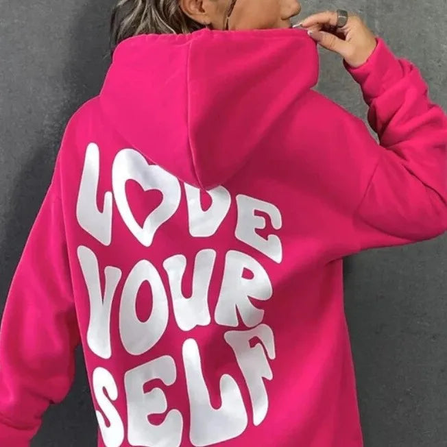 Sudadera con capucha de lana con hombros caídos para mujer con nueva letra trasera estampada