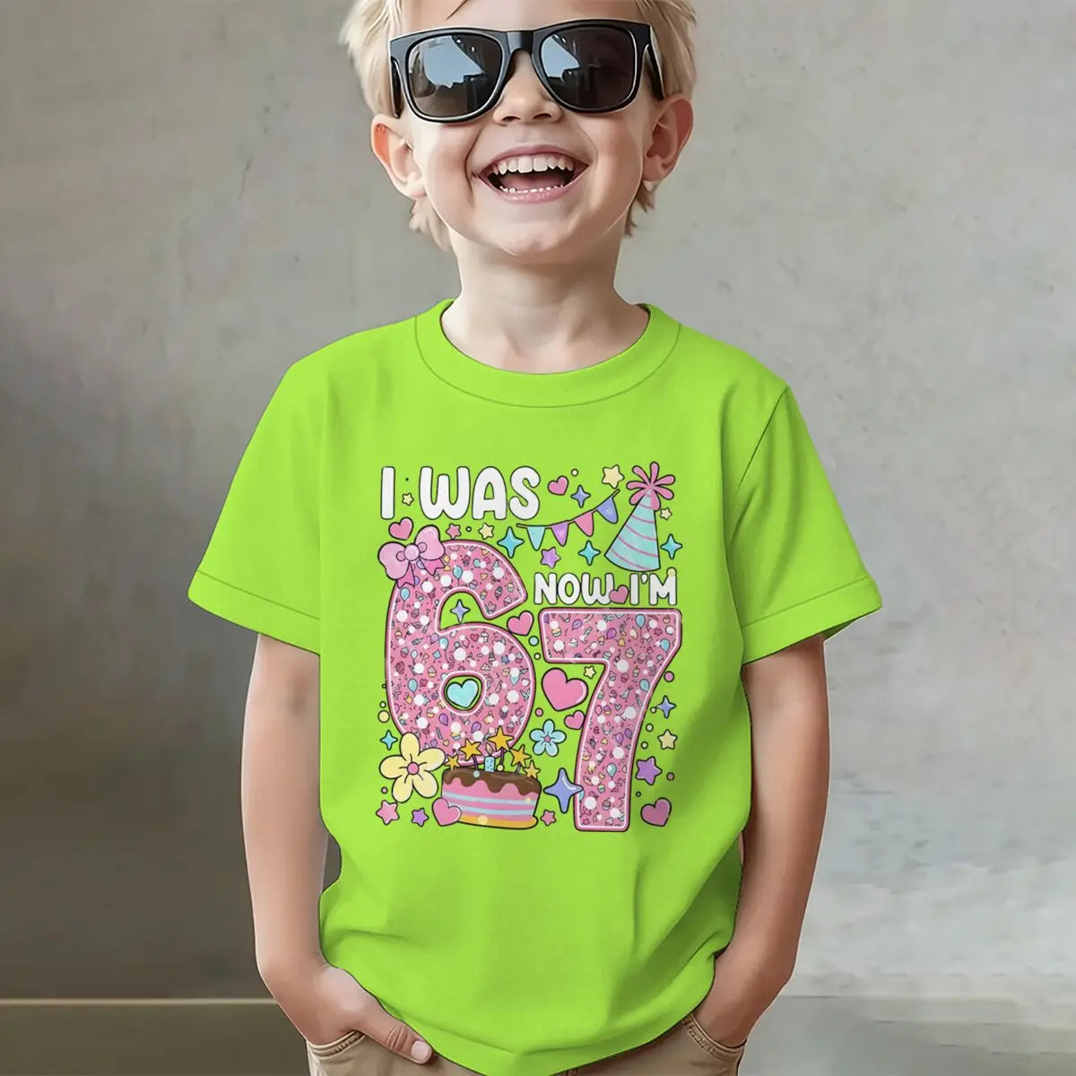 Camiseta para niñas con estampado de números, de algodón, de manga corta y cuello redondo, para el séptimo cumpleaños, con la frase 'I Was 6 Now I'm 7', para niñas de 7 años