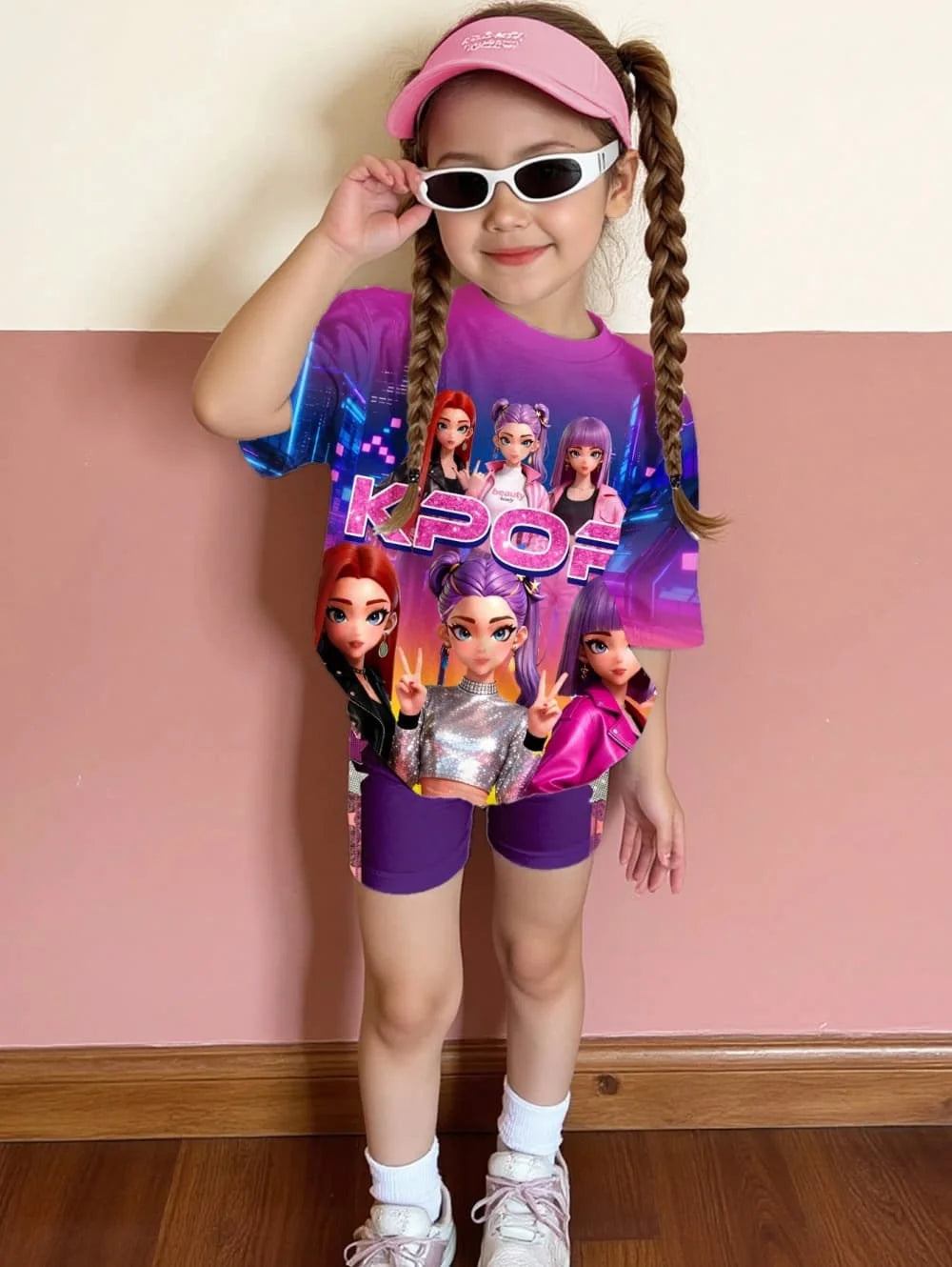 Conjunto de Camiseta y Pantalones con Estampado de Dibujos Animados Kpop, Ropa de Verano para Niñas, Conjunto de Manga Corta, Conjunto de Camiseta y Pantalones Cortos para Niños