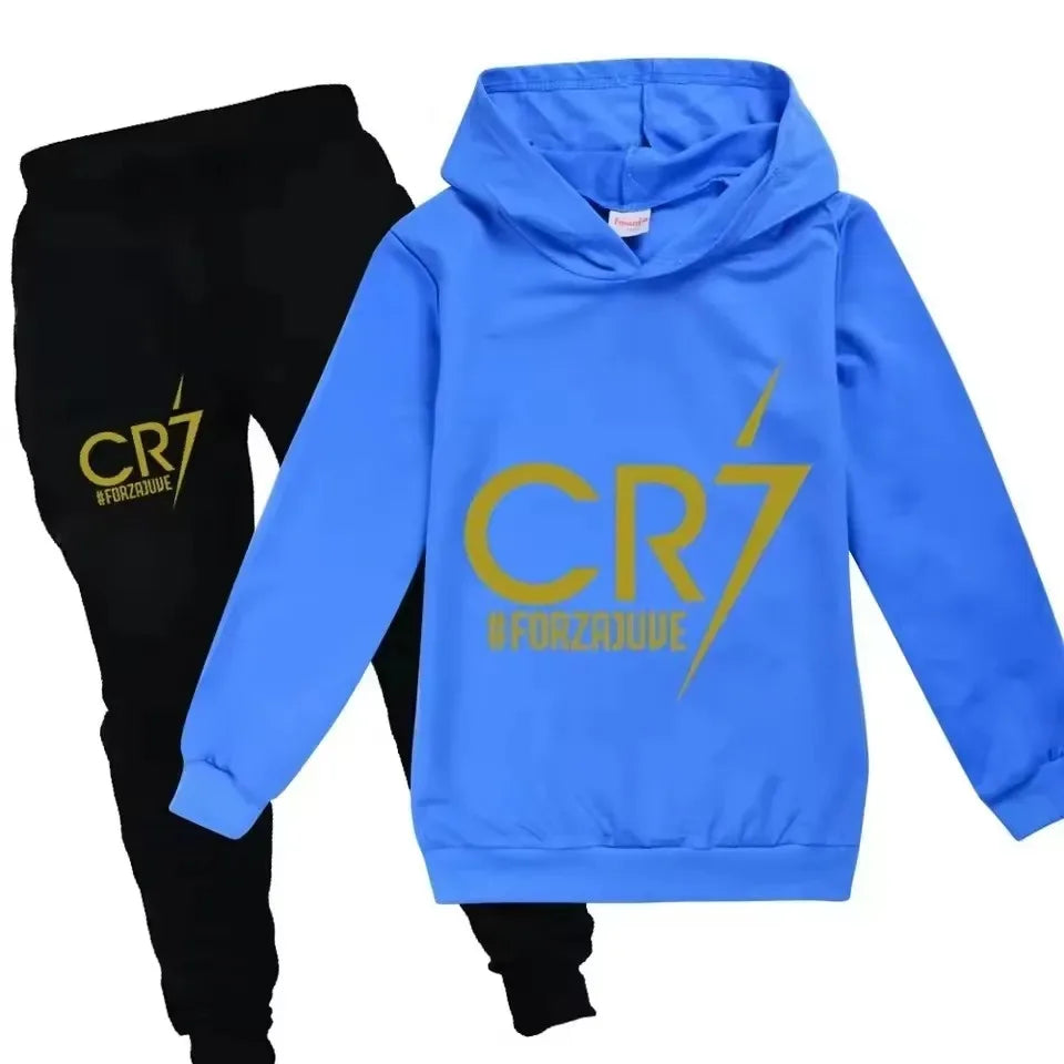 Conjunto de Sudadera con Capucha y Pantalones con Estampado de Fútbol CR7 para Niños de 3 a 12 Años, Primavera-Otoño, 2 Piezas, Conjunto Infantil, Trajes de Pantalones, Ropa para Niños
