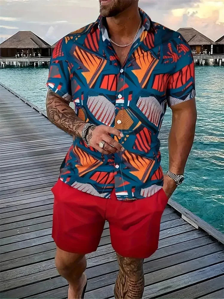 Conjunto Hawaiano Hombre – Camisa Estampada 3D y Pantalón Corto de Playa