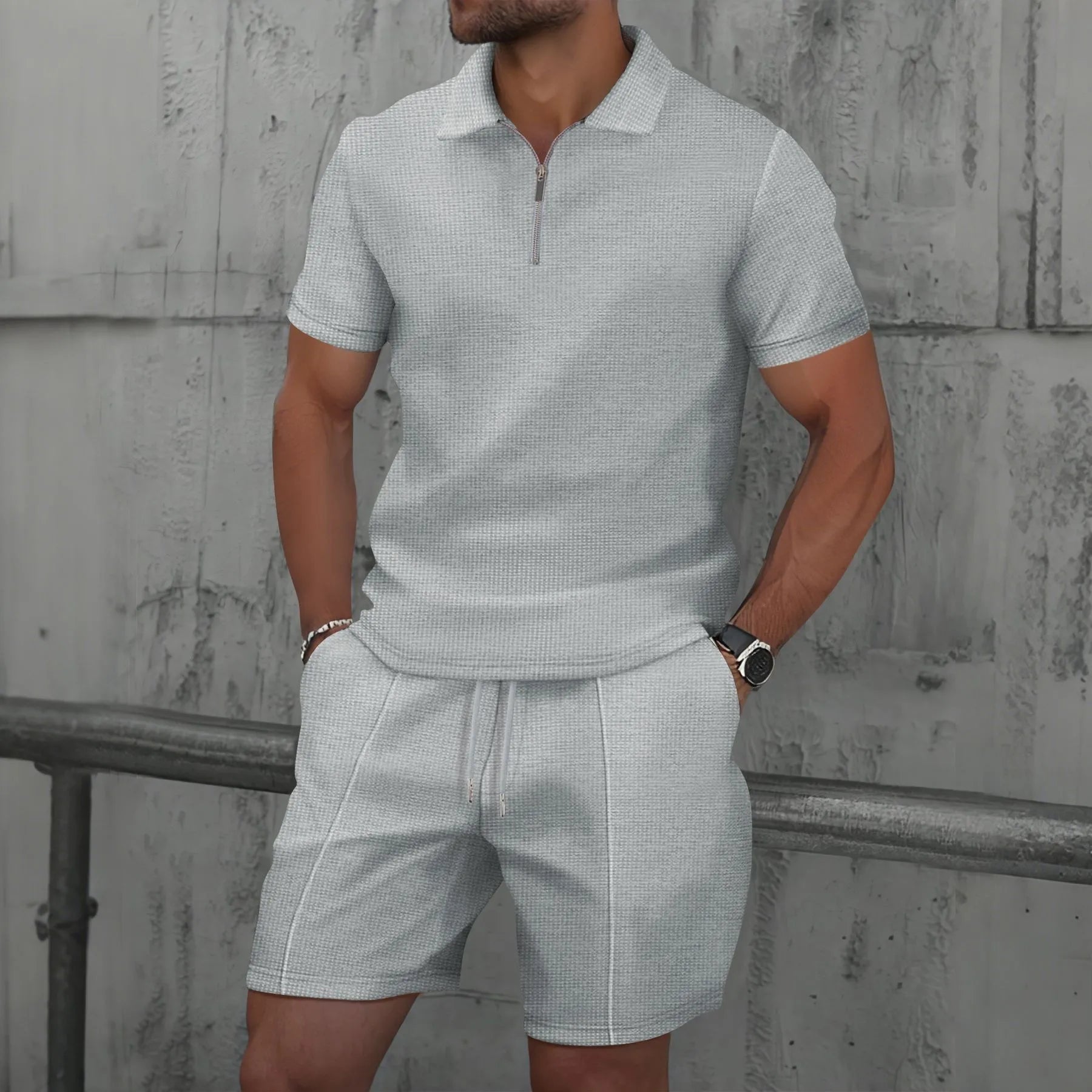 Conjunto de Dos Piezas para Hombre, Verano 2026, Estilo Europeo y Estadounidense, Color Liso, Cierre de Cremallera, Solapa, Manga Corta, Pantalones Cortos