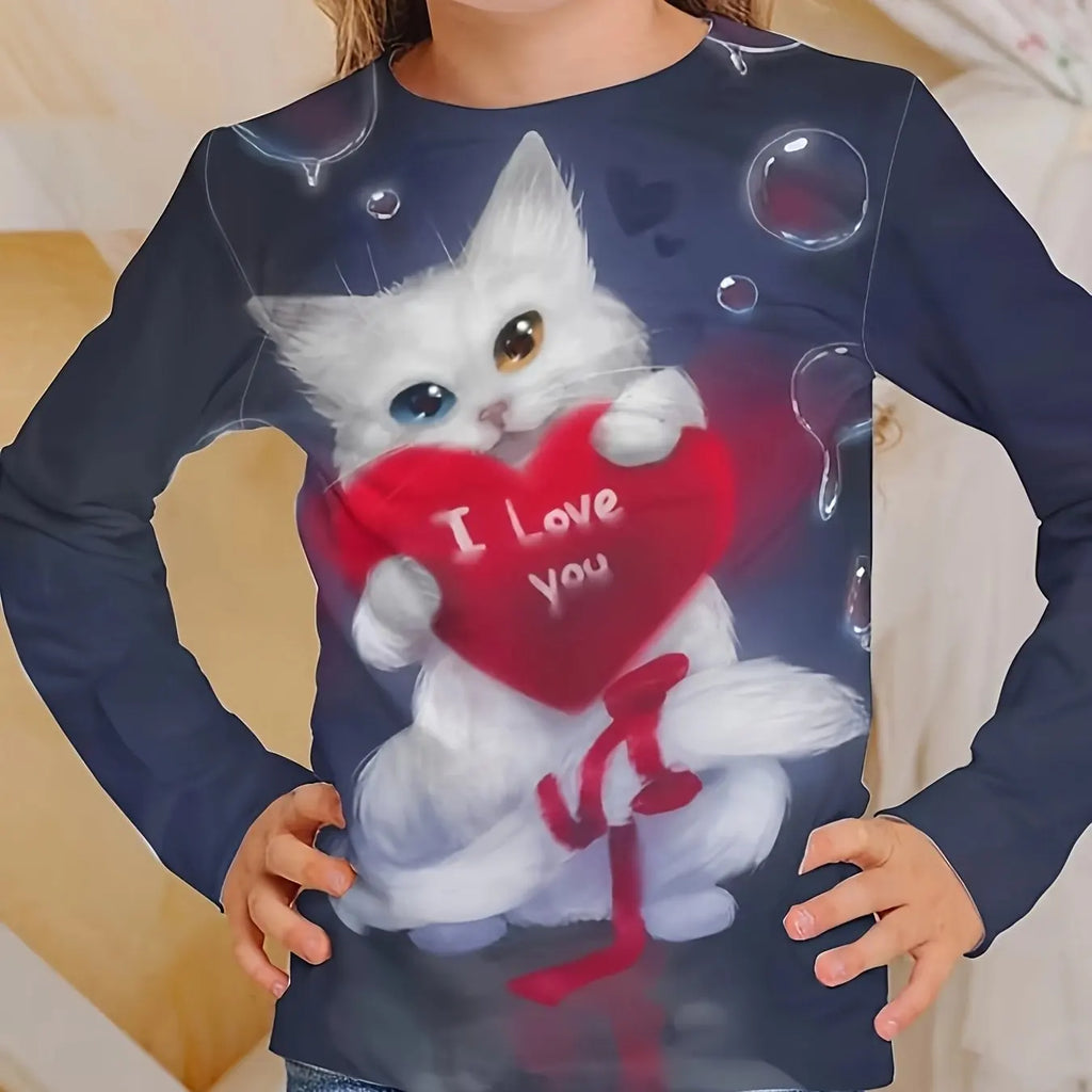 Camiseta de manga larga para niños y niñas, ropa informal con estampado de gato y cuello redondo de dibujos animados, Verano