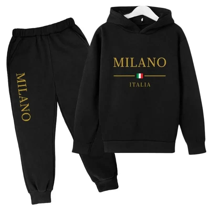Sudadera con capucha y pantalones con estampado de letras de marca de moda, conjunto deportivo de 2 piezas para niños y niñas, ropa informal, conjunto infantil
