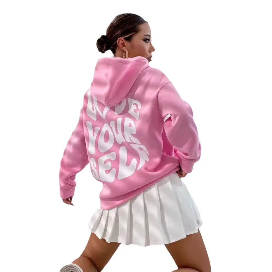 Sudadera con capucha de lana con hombros caídos para mujer con nueva letra trasera estampada