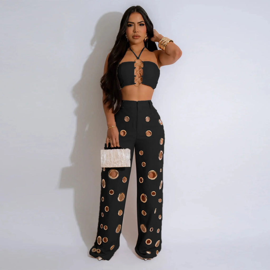 CM.YAYA-Conjunto de dos piezas para mujer, Top sin mangas y pantalones de pierna ancha, traje calado con agujeros, chándal de calle Sexy de verano