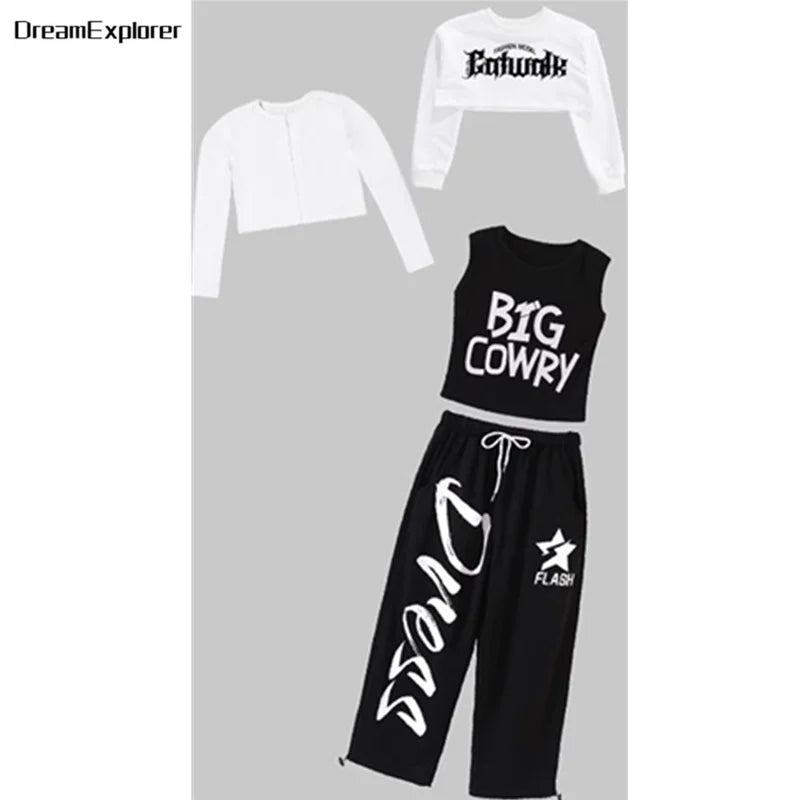 Top corto k-pop para niñas, pantalones deportivos con letras a la moda, conjuntos de ropa de grupo para niñas, ropa informal estilo Hip Hop, disfraces de Jazz para niños