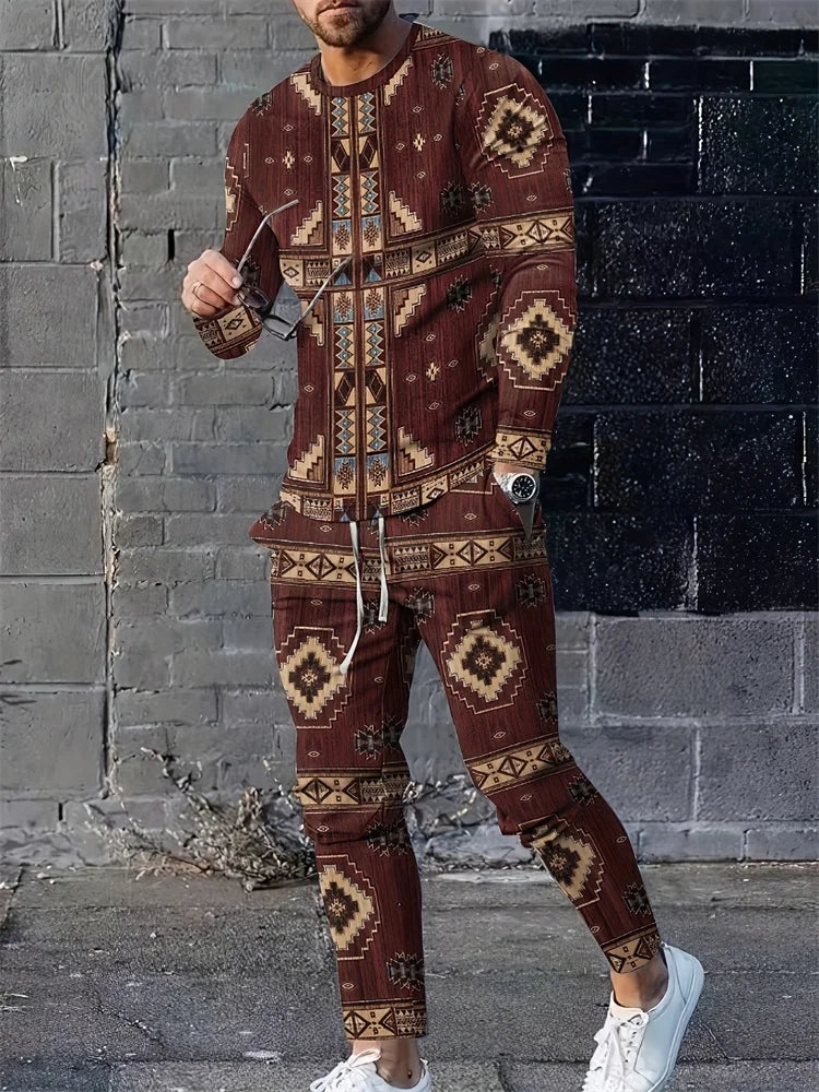 Camiseta de manga larga para hombre, conjuntos de pantalones informales para todos los días, con estampado de los indios africanos, a la moda, primavera y otoño