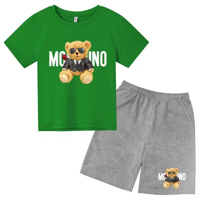 Boys Girls Summer Casual 2Pcs Set Lovely Bear Letter Print T-shirt & Shorts Comfortable Sports Running Suit