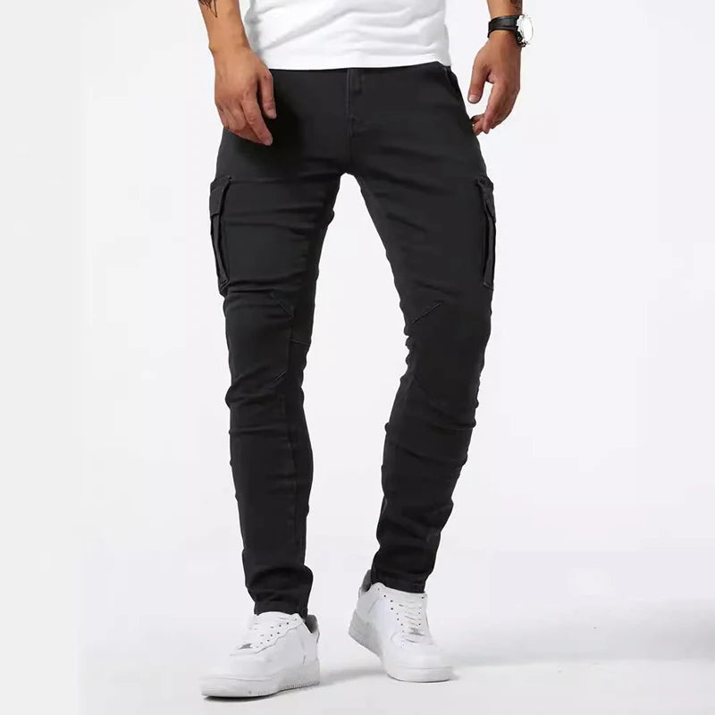 Pantalones vaqueros de tubo informales para hombre, elásticos, con múltiples bolsillos, pequeños, ajustados, de calle, vaqueros Cargo de cintura media de Color sólido