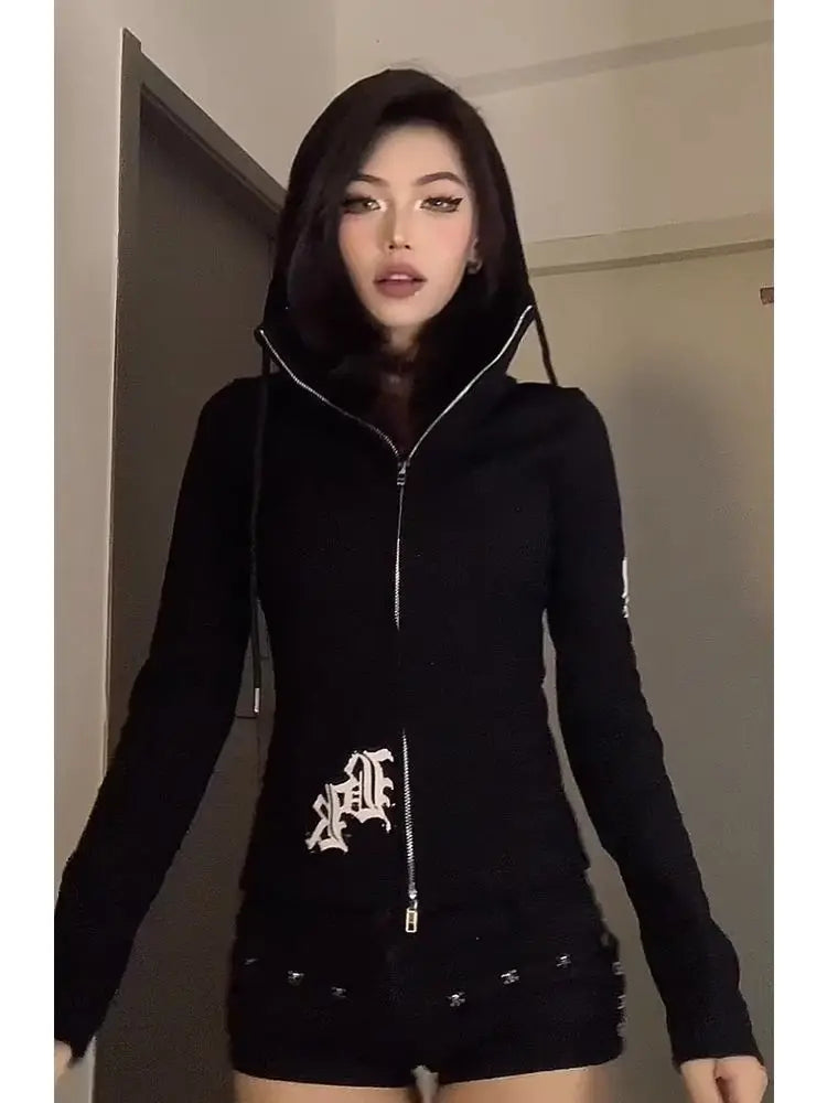 Cárdigan de manga larga con estampado de letras Vintage para mujer, Sudadera con capucha ajustada elegante Hepburn con cremallera, trajes finos con capucha para otoño