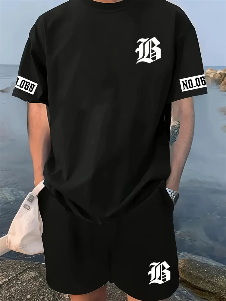Nuevo traje corto de manga corta con cuello redondo para hombre, moderno y sencillo para actividades al aire libre y uso diario, conjunto de dos piezas