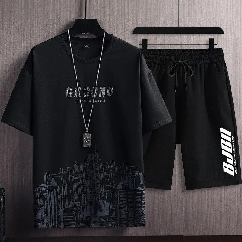 Traje deportivo informal de verano para hombre, sudadera con estampado de ciudad para correr al aire libre, pantalones de chándal transpirables de secado rápido, traje de 2 piezas