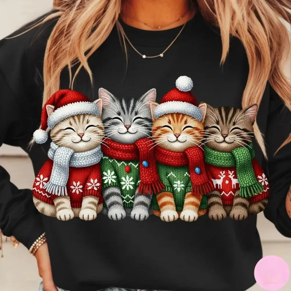 Suéter de mujer con estampado de gatos de Navidad de hilo falso, sudadera de sublimación navideña de gatitos de ganchillo, Sudadera con capucha de regalo de Navidad Kawaii para niña