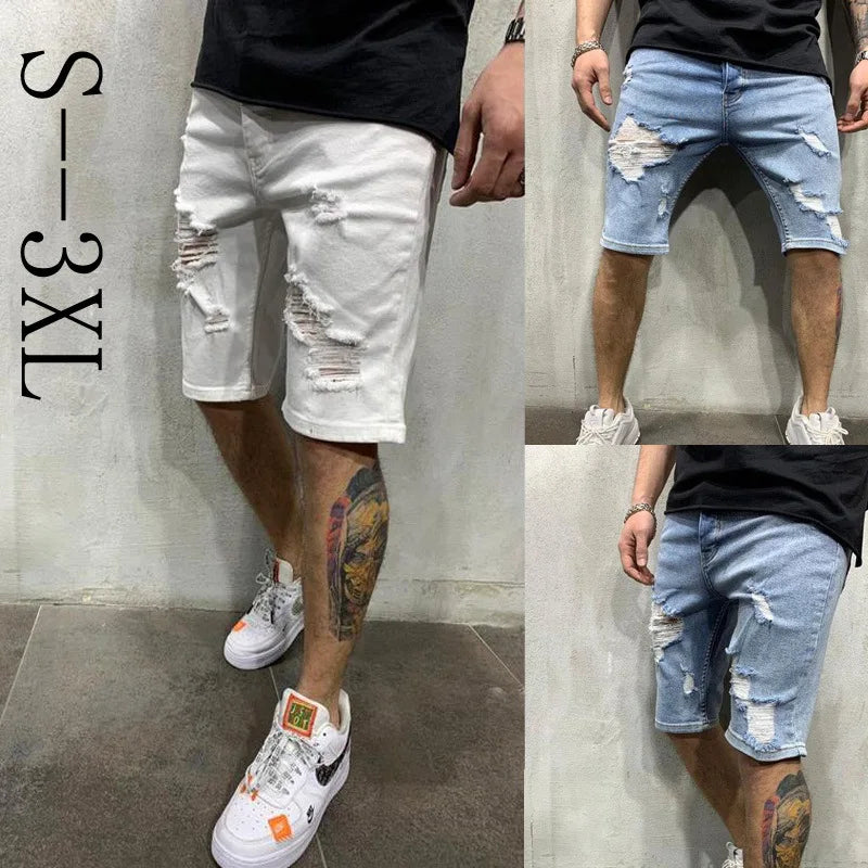 Pantalones cortos vaqueros con borlas rasgadas para hombre, pantalones vaqueros perforados lavables personalizados, pantalones medios informales grandes, novedad de verano 2024