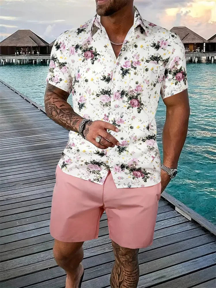 Conjunto Hawaiano 3D Hojas Hombre | Camisa + Pantalón Corto Playa