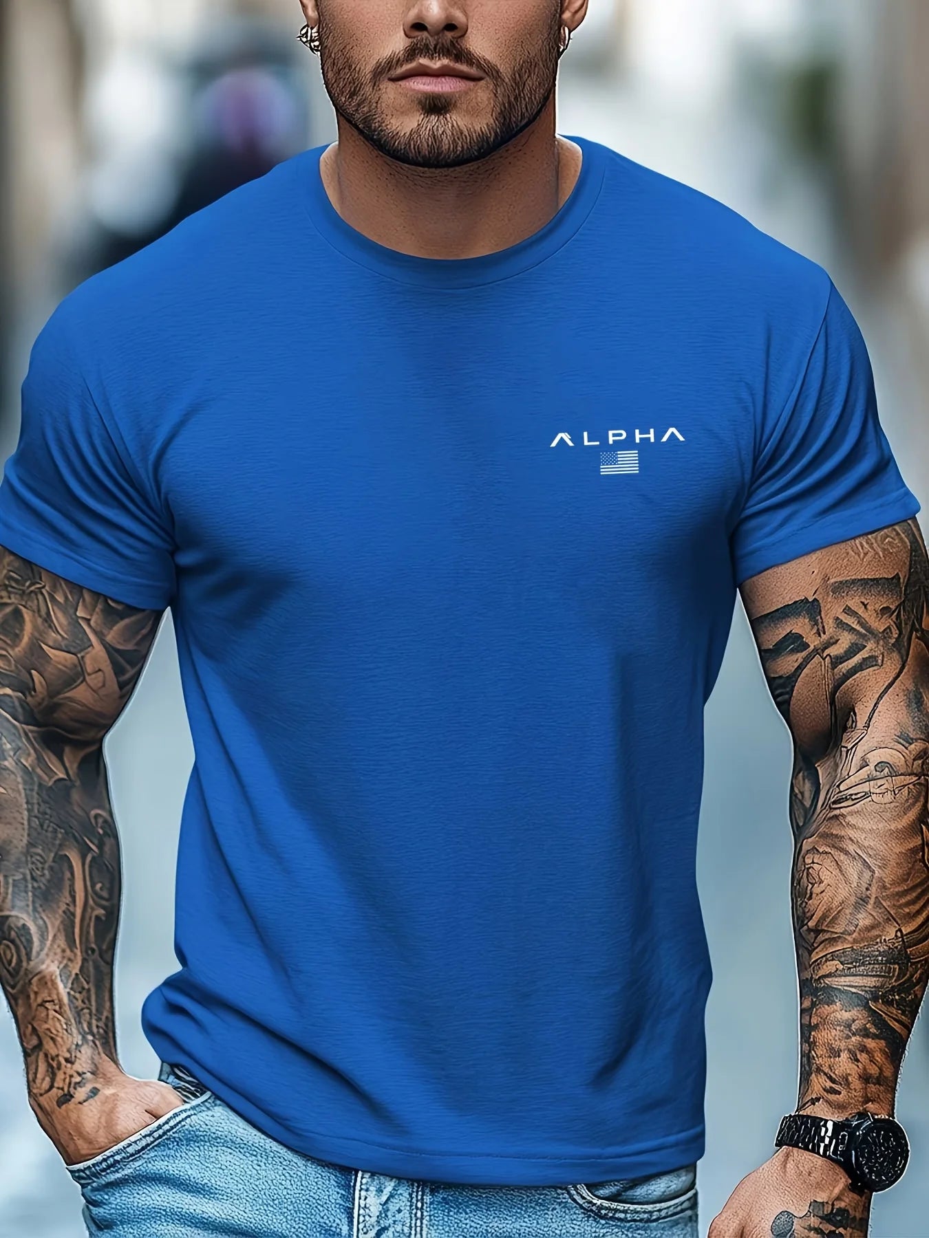 Camiseta de manga corta con cuello redondo y estampado de patrón ALPHA para hombre, 100% de algodón, informal, a la moda, deportiva, holgada, de verano