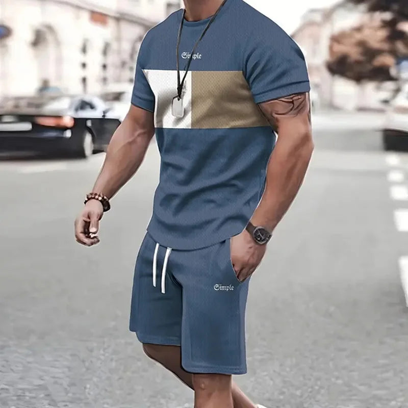 2024 de moda para hombre, ropa deportiva, camiseta de manga corta y pantalones cortos deportivos de verano, traje de retazos Vintage Casual, traje de dos piezas para hombre