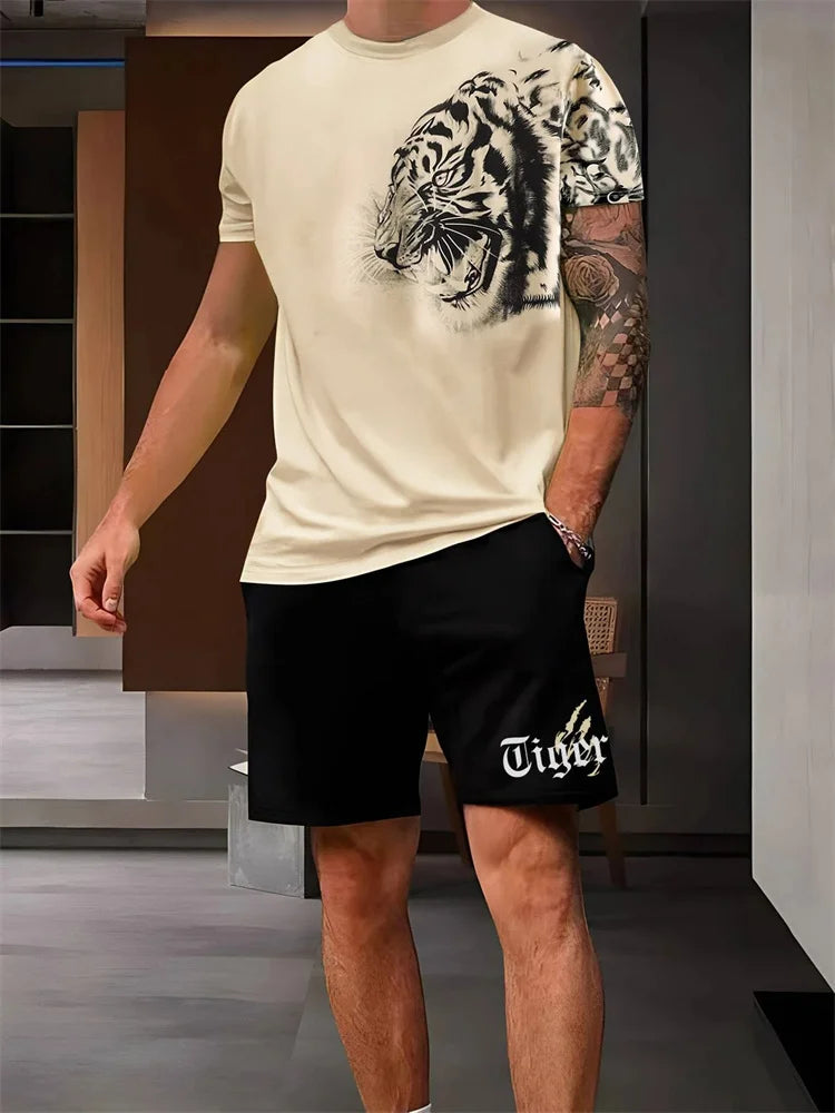 Nueva 2024 Camiseta de manga corta con cuello redondo, conjunto de pantalones cortos de moda con estampado de León en 3D, conjunto de 2 piezas de deportes de verano para hombres